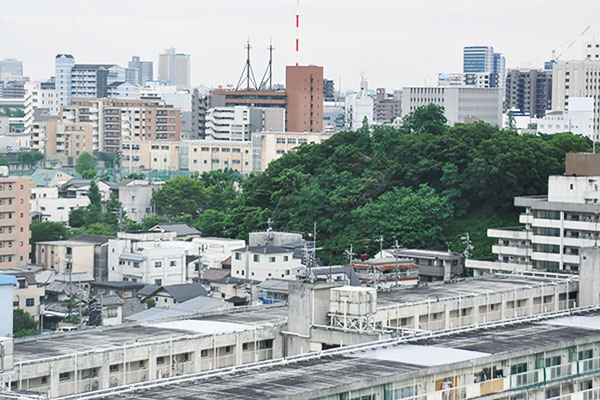 名城キャンパスから御土居を見る